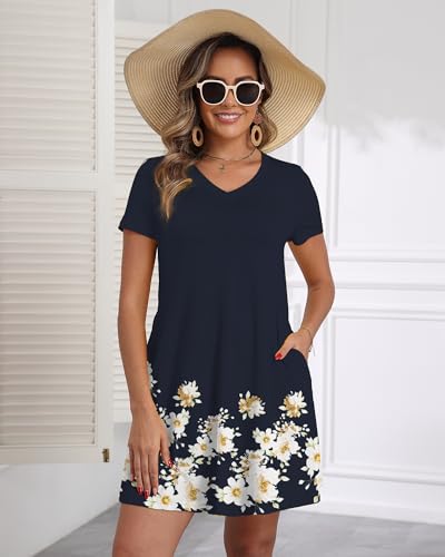 Image of COSSEN Women's Casual T Shirt Dress V-Neck Short Sleeves Swing Dresses Birthday Party Summer Travel Beach with Pocket