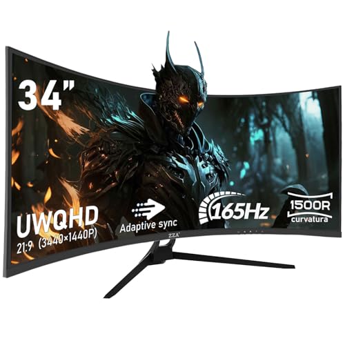 ZZA Ultrawide 34 Inch Monitor,PC Screen 165hz 1500R WQHD 3440×1440,Computer Gaming Monitors 1500R Curved VA Panel AMD FreeSync Premium| HDR10|99% sRGB |1ms| Borderless Design|VESA