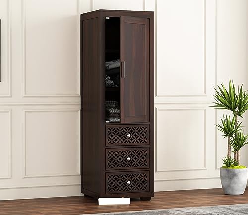 Image of Sheesham Wood Wooden Single Door Wardrobe Organizer for Clothes | - Solid Wood Almirah with 3 Drawers, 3 Shelves - Cupboard for Large Bedroom, Walnut Finish