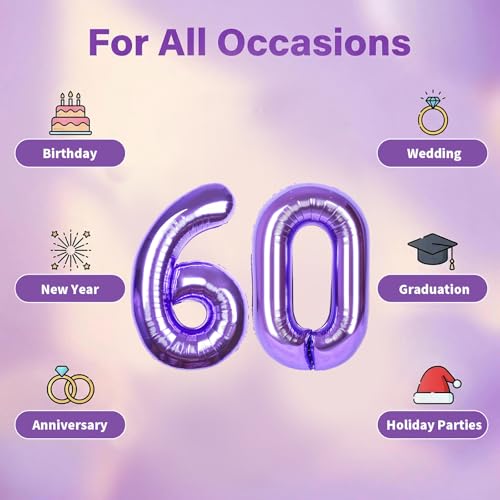Image of Number Balloons for Birthday Decorations - 40 Inch Large Party Balloons 60, Purple Foil Number Balloons for Boys Girls, Balloons for Party Supplies