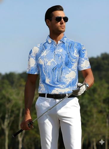 Image of Alex Vando Mens Golf Shirts Short Sleeve Breeze Quick-Dry Print Polo Shirt
