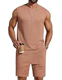 COOFANDY Men's 2 Piece Outfits Sleeveless Fashion Shirt and Shorts Set Summer Lightweight Knit Set, Khaki, L