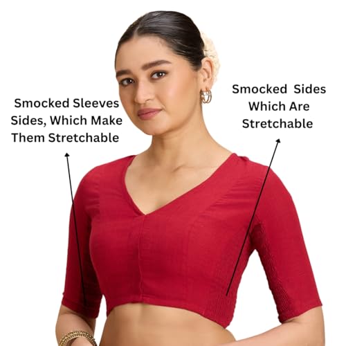 Image of Studio Shringaar Women's Thick Handloom Cotton Plain Side Stretch (Smocked) Readymade Saree Blouse
