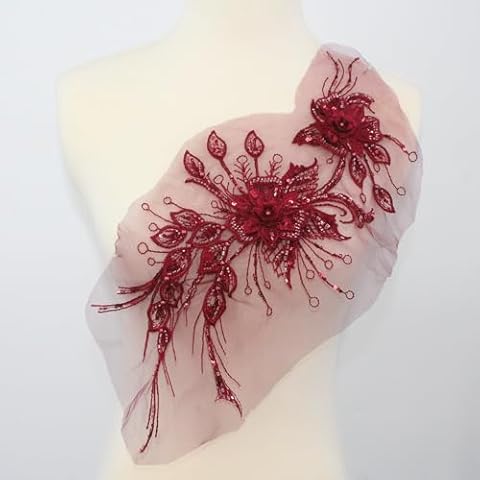 SUNMOVE 1PC Beaded Lace Applique Net Trim Sew On Flower Fabric Collar Patch for Wedding Gown Dress Bridal DIY Crafts (Red) Cover