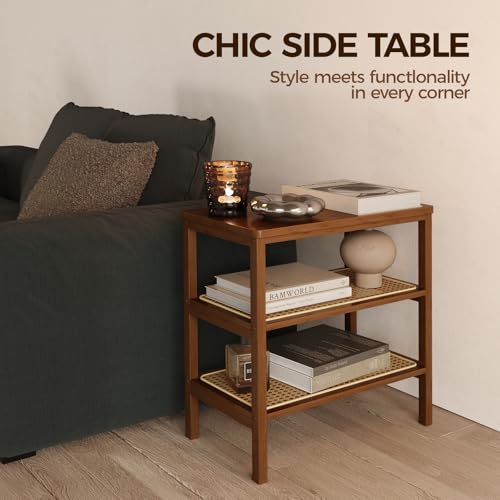 Rattan Side Table Mid Century Modern End Table 3-Tier with Storage Narrow Coffee Table Boho Night Stand Bamboo - Image 6