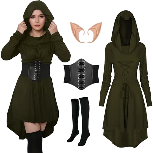 FSUJWOA 4 Stück Renaissance kostüm für Damen, Gothic Mittelalter Kleidung, Kapuzenkleid mitKorsett für Halloween Partys(Grüner, Medium)
