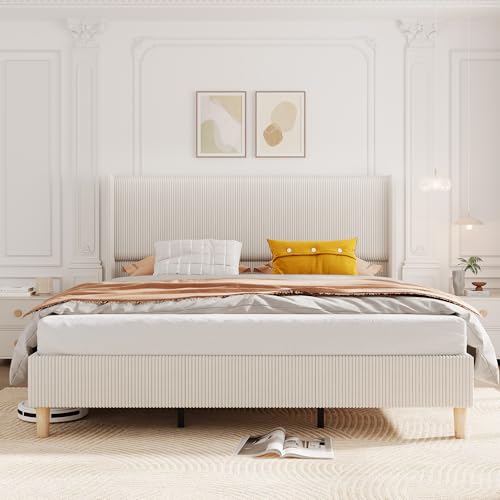 Garvee King Bed Frame with 50" Tall Wingback Headboard, Corduroy Upholstered Platform King Size Bed Frame, No Box Spring Needed, Solid Wooden Slats, N