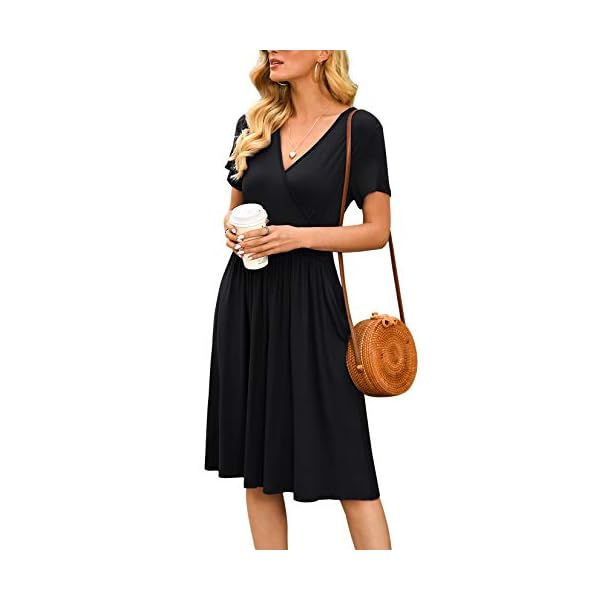 LILBETTER-Womens-Summer-Casual-Short-Sleeve-V-Neck-Short-Party-Dress-with-Pockets LILBETTER Women's Summer Casual Short Sleeve V-Neck Short Party Dress with Pockets Black Large