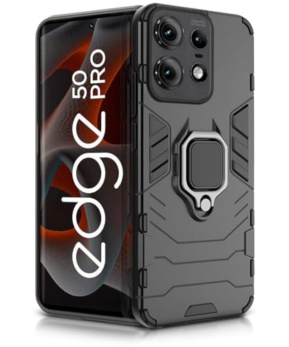 Image of WOW IMAGINE Shock Proof Back Case Mobile Cover for Motorola Moto Edge 50 Pro | Back Cover Case (Tough Armor | Hybrid PC + TPU | Ring Holder & in-Built Kickstand | Black)