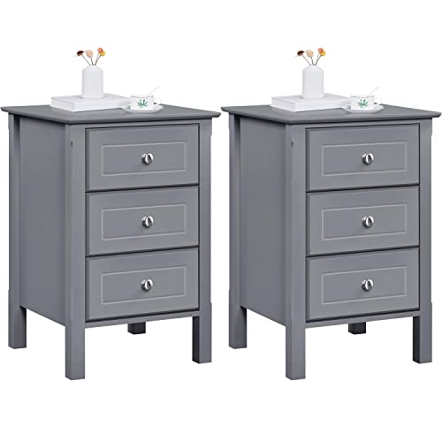 Yaheetech Lot de 2 Table de Chevet Gris en Bois Table de Nuit 3 Tiroirs 40 x 40 x 60 cm Bout de Canapé Moderne Chambre Salon