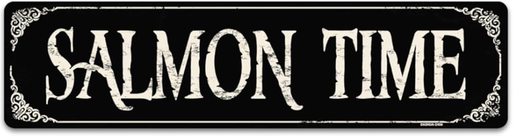 Peiyeety A010 Salmon Time Vintage Metal Tin Sign, 4X16 Inch Rustic Fishing Themed Wall Decor, Retro Sign For Home, Cabin, Waterproof Tin Sign, Durable Wall Art