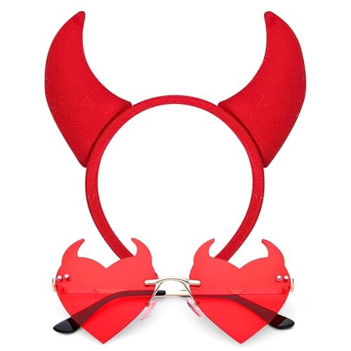 Acessórios de de Halloween, chifres diadema e óculos vermelho, diadema chifre de , óculos coração, acessórios de disfarce de para Halloween, carnaval e cosplay (B)