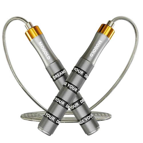 MOGOLD Comba Boxeo con Rodamientos - Cable Acero PVC 4mm Ajustable 3m para Fitness, Crossfit y Entrenamiento en Casa - Cuerda Profesional (Plata)