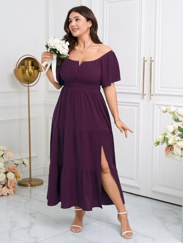 Image of SCOMCHIC Womens Plus Size Maxi Dress Formal Short Sleeve Square Neck Smocked Side Split Flowy A Line Tiered Long Dress