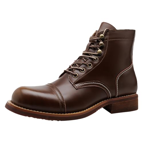ANUFER Hombre Vintage Cuero Genuino Botas de Motociclista Fresco Cordones Botines SN0710172 Café EU42