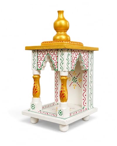 Image of Hindu Hand Crafted Wooden Puja Mandir with Drawer | Religious Home Decor Temple | Wood Art & Craft Mini Home Office Pooja Mandir White & Golden Finish