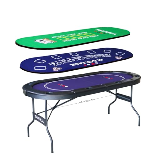 8 Player Folding Poker Table with 2 Interchangeable Game mats Texas Holdem Poker and Blackjack Collapsible Casino Table with Padded Rails and XXL Cup Holders for Wine and Whiskey Glasses (71 inch)