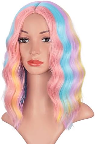 Earfodo Rainbow Wig Wavy Curly Shoulder Length Wig Colored Wig For Women Heat Resistant Synthetic Cosplay Wig For Women Girls Used By Party Costume Halloween