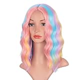 Earfodo Rainbow Wig Wavy Curly Shoulder Length Wig Colored Wig For Women Heat Resistant Synthetic Co