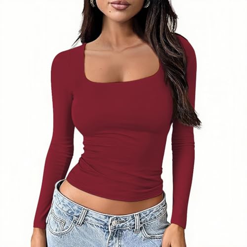 OOHOKAY Langarmshirt Damen U-Ausschnitt Basic Oberteile Y2K Slim Fit Tshirt Crop Tops Lässige Streetwear(Wein rot-U1 M)
