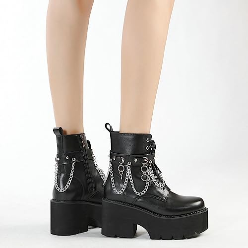 Image of Parisuit Womens Goth Patent Ankle Boots Platform Chunky Combat Boots | Lace Up, Gothic Boots, High Heel, Punk Short Booties, Buckle Boots, Chain Boots