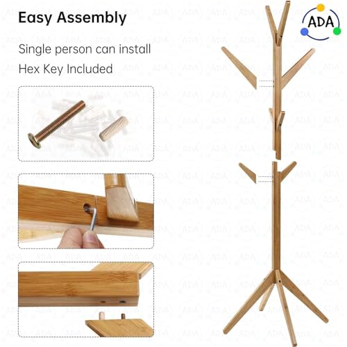 Image of ADA Bamboo Coat Rack Stand, Tree-Shaped 8 Hooks Clothes Hanger with 4-Tier Storage Shelves & Solid Base, Freestanding Organizer for Clothes, Hats & Bags, Light Brown (45x45x175 cm)