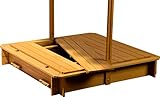 Sandkasten mit schwenkbarem Dach, Sitzbänke, Bodenplane, verschließbare Sandkiste aus Holz für Kinder, 120 x 120 x 120 cm, hellbraun - 5