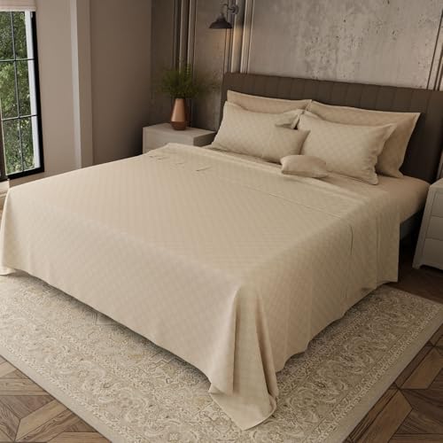 Image of BOUTIQUE LIVING Platinum Pulse Manchester 100% Cotton 800 TC Beige Geometrical King Bedding Set