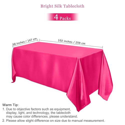 Image of TURSTIN 4 Packs Hot Pink Satin Tablecloth 102 x 58 Inch Overlay Satin Table Cover Rectangle Bright Silk Tablecloth Smooth Fabric Table Decoration for Wedding Banquet Party Events