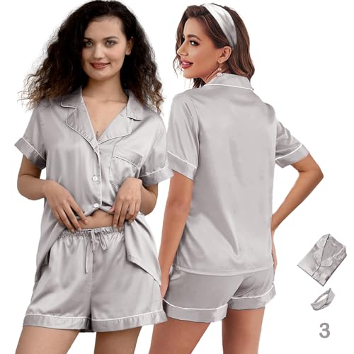Image of 3Pcs Silk Pajamas XS-4XL Womens Satin Pajama Short Floral Sleepwear Bride Soft Pj Lounge Sets Pjs Shorts Set