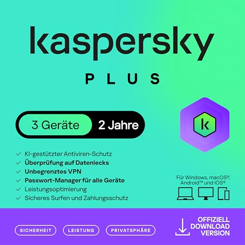 Kaspersky Plus Internet Security 2026 | 3 Geräte | 2 Jahre | Anti-Phishing und Firewall | Unbegrenzter VPN | Passwort-Manager | Online-Banking Schutz | PC/Mac/Mobile | Aktivierungscode per Email