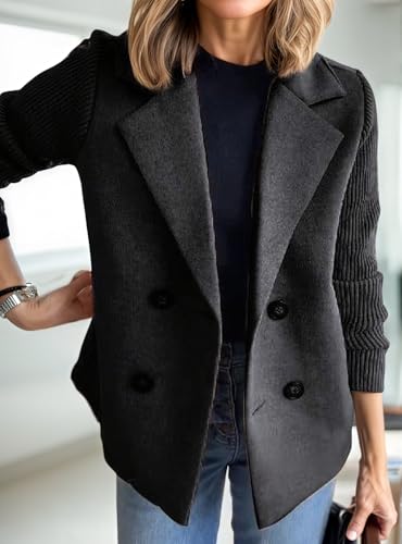 Women's Lapel Button Knitted Patchwork Long Sleeve Sweater Blazer Casual Double Breasted Cropped Pea Coat2