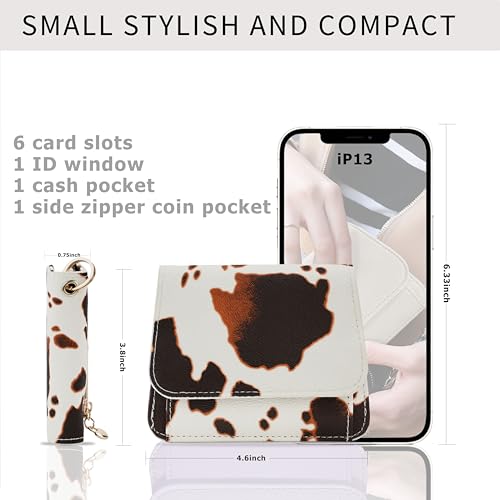 Image of Women Small Wallet RFID Blocking Slim Wallet with Coin Pocket Tri-Fold Credit Card Holder with ID Window and Keychain (Cow)