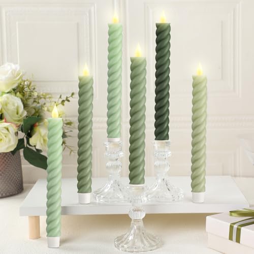 Image of Baquler 6 Pcs Sage Green Flameless Taper Candle Twisted LED 9.65 Inch Taper Candles Battery Operated Twisted Candlesticks for Summer Wedding Birthday Home Party Holiday Dinner Fireplace Decor