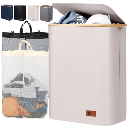 Image of 155L Large Laundry Hamper with Lid - 2 Section Laundry Basket with Removable Laundry Bags, Bamboo Handles, Collapsible, Sturdy, Hamper for Bedroom, Bathroom, Dorm, Laundry Room, Beige