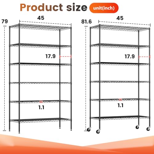 Image of BestOffice | 6-Tier Wire Storage Shelves with Wheels | 18x45x82 | Black | Adjustable Racks | Heavy-Duty Metal Shelf, Holds Upto 2100 lbs | No-Tool Assembly | Ideal for Home & Garage Shelving
