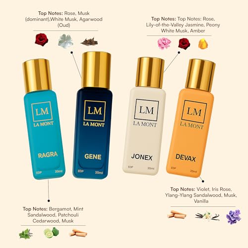 Image of LAMONT Unisex Perfume Gift Set | Pack of 4 (4x20ml) | Long Lasting EDP | GENE, DEVAX, JONEX & RAGRA | Fruity, Woody, Musky | Day & Evening Fragrance for Men & Women