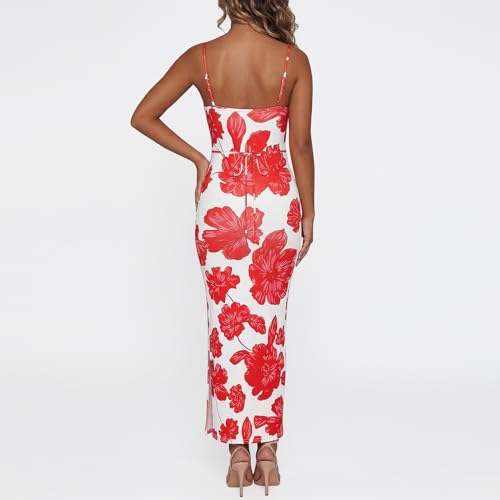 Image of Womens Summer Casual Floral Dresses Spaghetti Strap Bodycon Maxi Beach Dress Elegant Evening Party Long Dresses