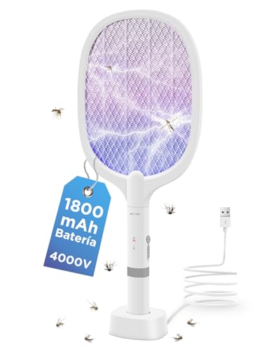 AOKKR Raqueta Mosquitos Eléctrica, Matamoscas Electrico Recargable 4000V con USB Base, Antimosquitos Eléctrica con Luz Ultravioleta para Matar Mosquitos, Batería de 1800mAh, 2 Modos - Blanco