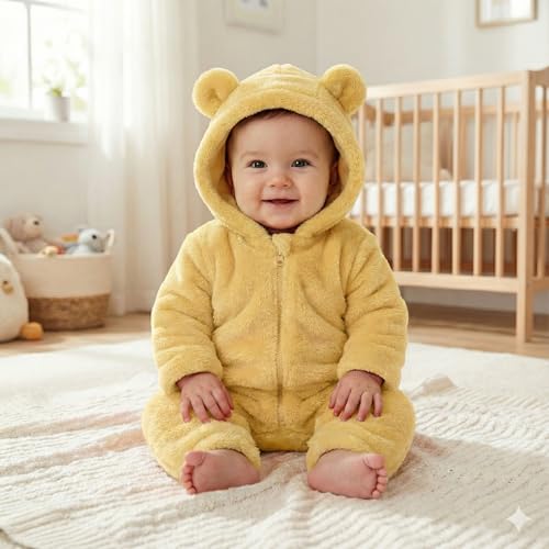 Image of BABYZONE Fluffy Fleece Baby Romper - Hooded Bear Ear Winter Jumpsuit for Boys & Girls