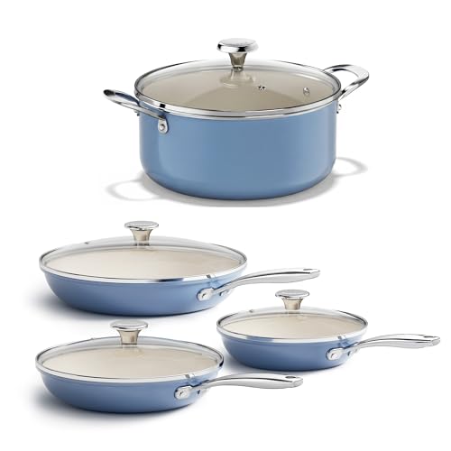 Redchef Ceramic Stock Pot with Lid 5 QT+ 6PCS Frying Pans (8", 9.5", 11"), Dishwasher & Oven Safe, Induction Safe, Compatible with All Cooktops, PFAS & PTFE & PFOA Free (Blue)