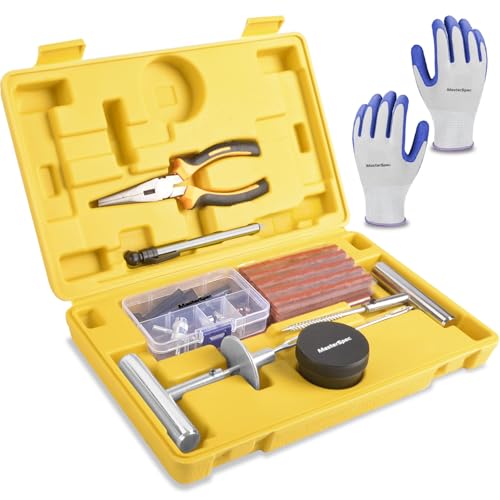 MasterSpec 64PCS Tyre Repair Kit Universal Flat Tyre Plug Tool Set Puncture Repair Kit Multifunctional Heavy Duty Tire Tube Recovery Universal Tire Plug Tools Kit with Storage Case