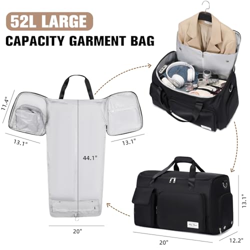 Garment Bags for Travel, 2 in 1 Convertible Carry On Duffle Bag Suit Bags Foldable Backpacks with Shoe Compartment & Toiletry Bag, Hanging Bags for Clothes Dress Suit for Men Women Gift (Black)2