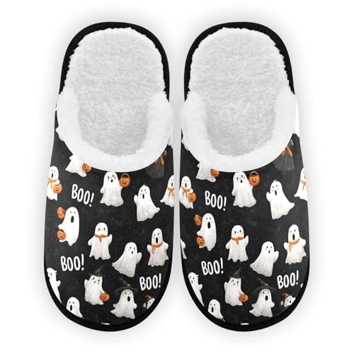 Grey Pumpkin Ghosts Halloween Slippers For Women Men Soft Memory Foam Non-Slip Halloween Winter Indoor House Shoes Travel Slipper