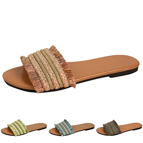 Women Slippers Summer New Pattern Linen Fashion Simple Flat Bottom Large Size Comfortable S Slip on Slippers (Blue, 6.5)3