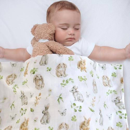 Image of LifeTree Baby Swaddle Blankets, Muslin Swaddle Blankets Boys Girls Swaddling Wrap Receiving Blanket for Newborn, 70% Viscose Bamboo and 30% Cotton, Large 47 inch x 47 inch, Leaf & Rabbit Pattern