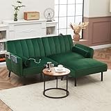 DURASPACE Sectional Couch, 74' Loveseat with Ottoman, Velvet Convertible Sofa, Futon Sleeper with Adjustable Backrest, L-Shaped Compact Living Sets for Dorm, Apartment, Indoors (Green)
