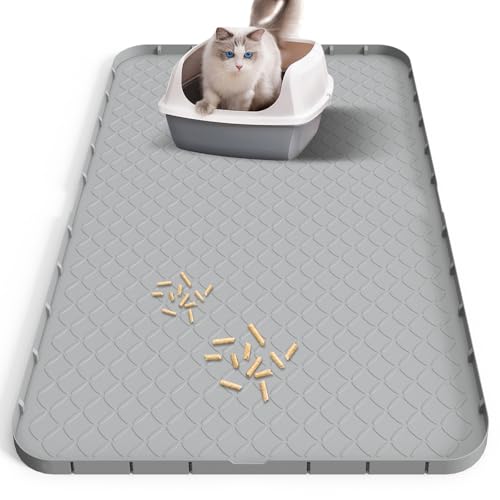 Silikon Katzenklo Matte XXL 88 × 56 cm – Wasserfest, rutschfest & Leicht zu Reinigen– Extra Katzenstreu Matte, Grau, Katzenpfoten Freundlich,...