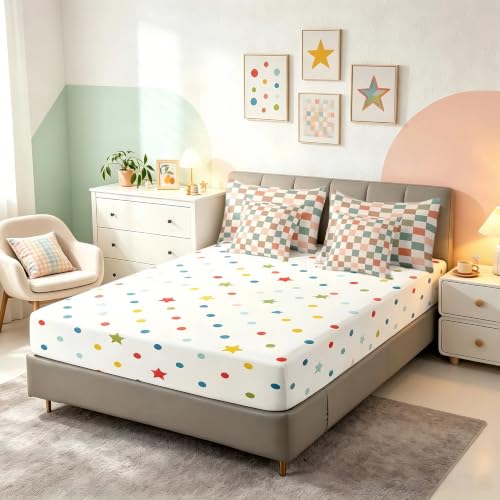 Image of Feelyou Multicolored Checkered Retro 7 Piece Bedding Set Kids Boys Geometric Vintage Comforter Set with Sheets King Size Ivory White Colorful Bed in a Bag Modern Simple Groovy Aesthetic Room Decor