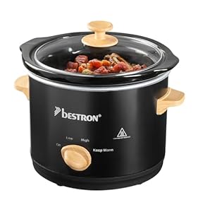 Bestron Slowcooker für 2 Personen, Schongarer mit Keramikpfanne & Glasdeckel, 3 Stufen-Thermostat, ideal für viele Gerichte wie Fleisch, Suppen & Gemüse, 1.5 Liter, Black & Wood, Farbe: Schwarz/Holz